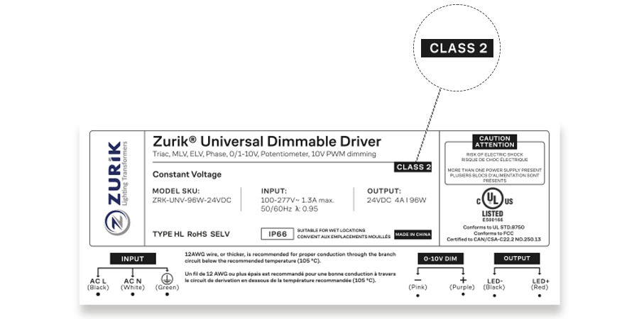 Flexfire LEDs Universal Dimmable Driver Class 2 Label Example