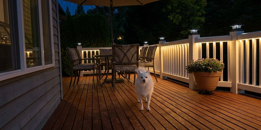 Dog on iluminated patio/deck