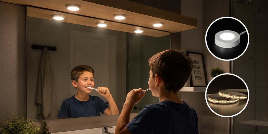 Child Brushing Teeth Under Flexfire LED Puck Lights