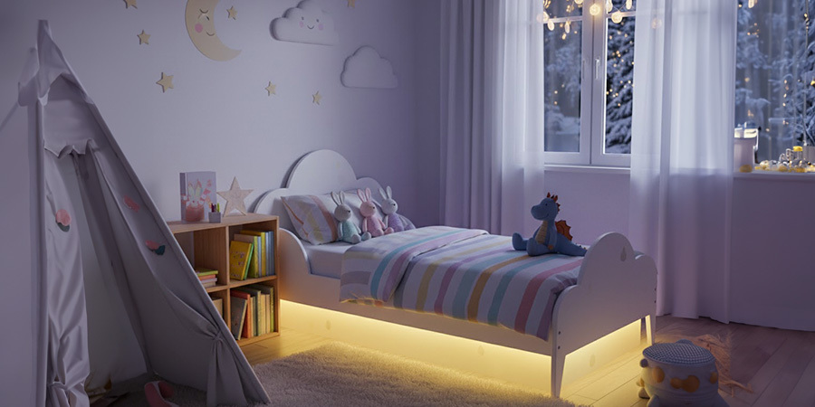 Cozy bedroom with Flexfire LEDs warm under-bed lighting
