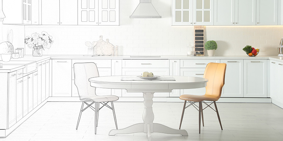 Kitchen transitioning from drawn sketch to reality