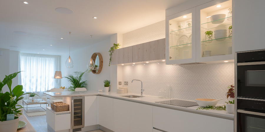 Kitchen shelves with LED puck lights