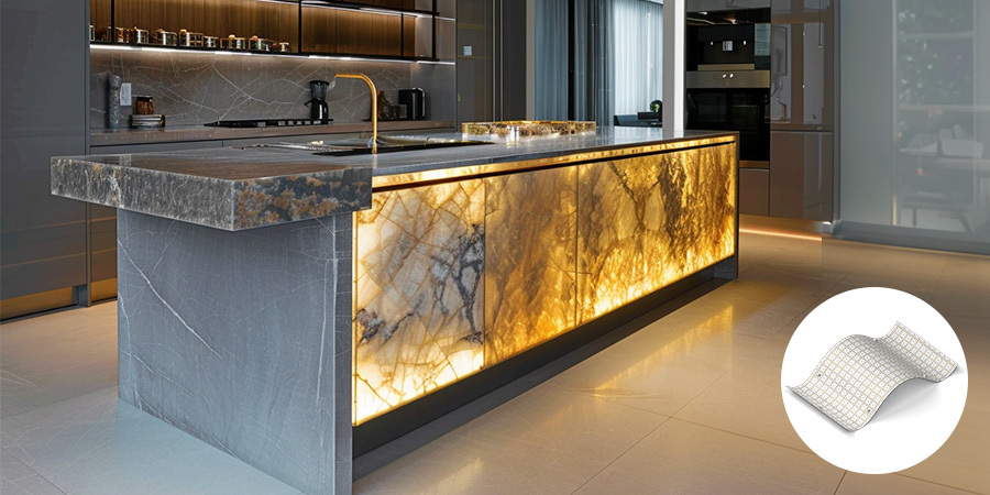 Luxury kitchen island illuminated with Flexfire's LED light sheets behind onyx panels