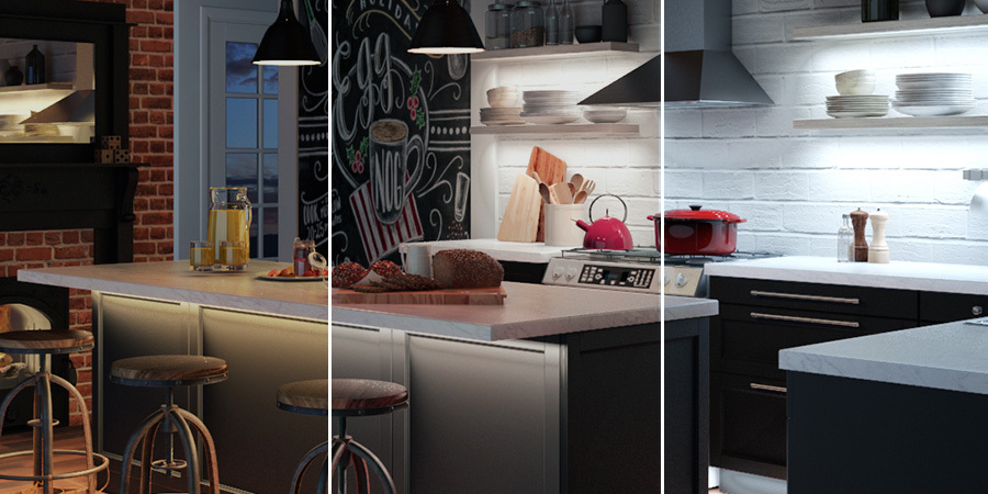 Kitchen lighting comparison showing warm, neutral, and cool LED tones