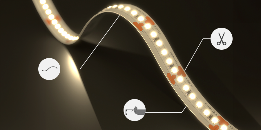 Flexible LED strip light turned on with features to cut, peel, and stick