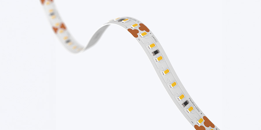 Close-up of a flexible LED strip light by Flexfire LEDs showcasing high-quality diodes and circuit design.