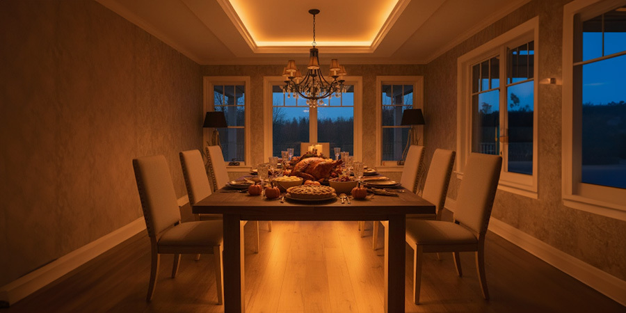 Dining room with cove LED lighting