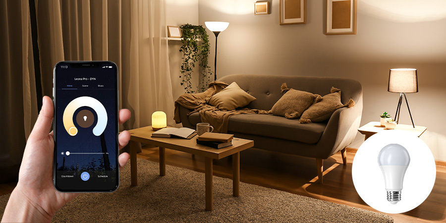 Flexfire's Leona Smart LED bulb controlled by Leona phone in cozy living room lighting setup