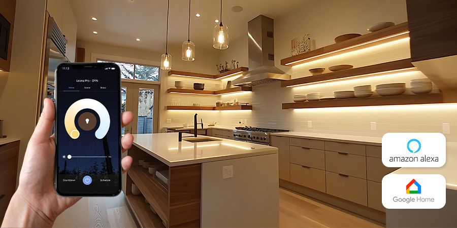 Modern smart kitchen illuminated by Flexfire LEDs, showcasing the Leona app controlling lighting through Amazon Alexa and Google Home.
