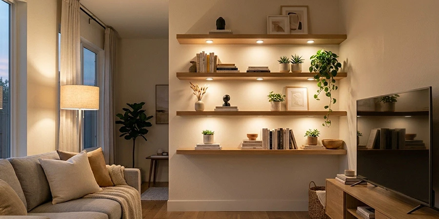 Living room flating shelves lighting
