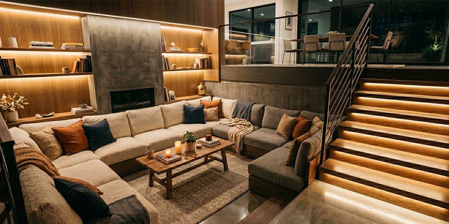 Living room LED light steps warm accent