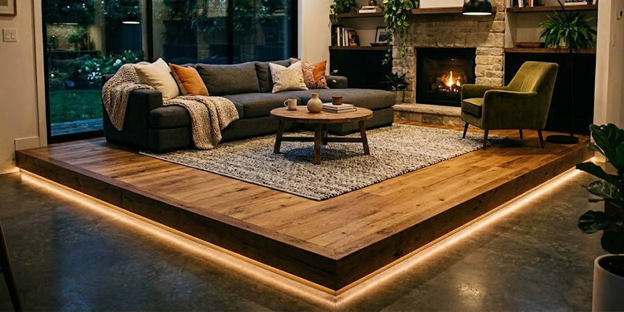 Living room LED platform toe-kick lighting accent