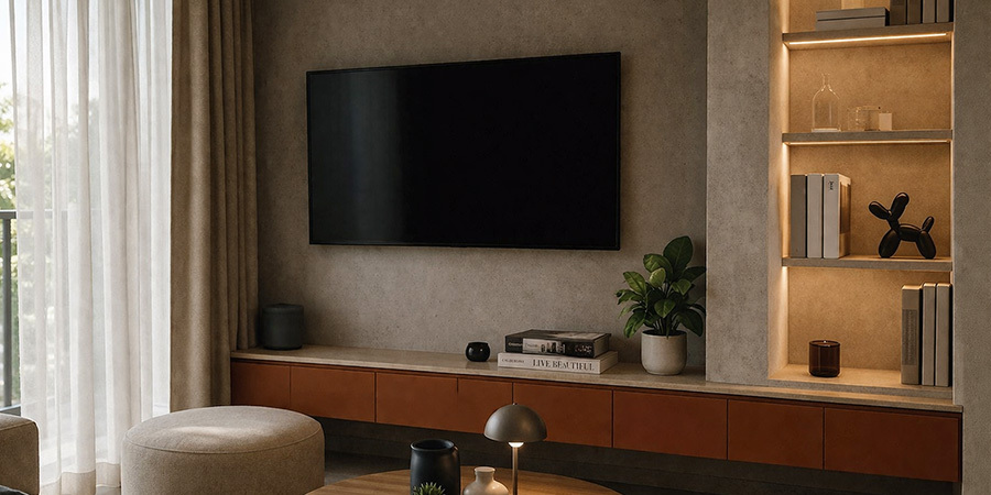 Floating Shelves in Living Room with Accent Lighting