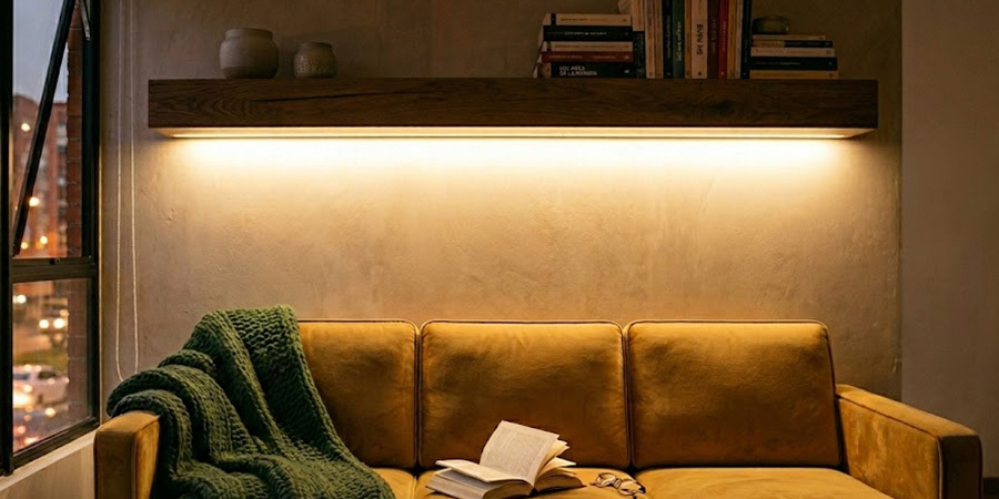 Livign room floating shelve lightign example