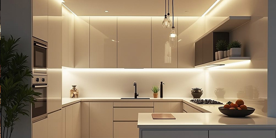 Modern kitchen with warm LED strip lighting and glossy white cabinets