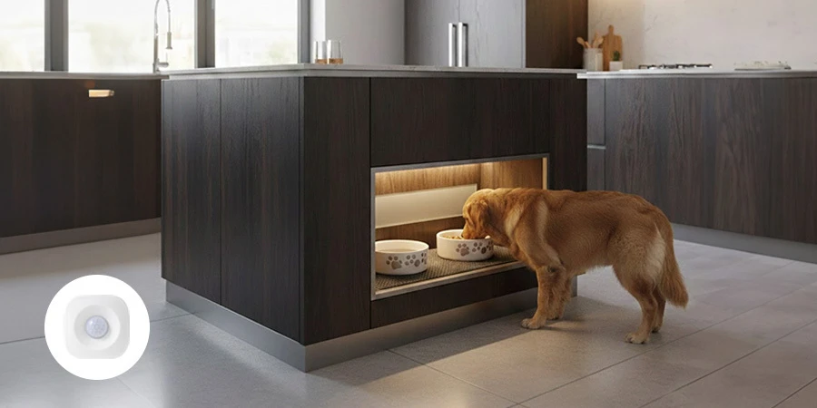 Motion-actived LED strip lights iluminating dog food bowl