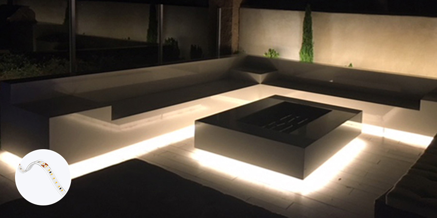 Outdoor bench toe kick under cap accent lighting