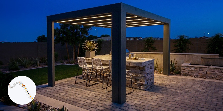 Outdor covered kitchen accent warm indirect lighting