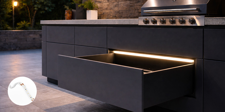 Outdoor grill, kitchen inside-cabinet LED strip lighting