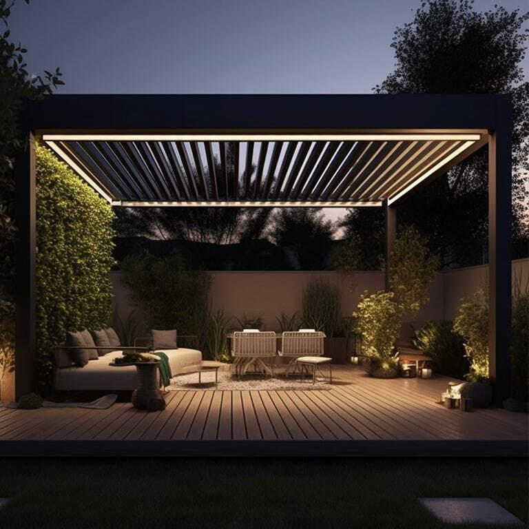 IP Rating Meets Exterior LED Strip Lighting Modern pergola glowing with exterior LED strip lighting