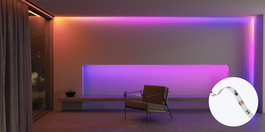 Minimalist room with Flexfire's RGB Pixel LED strip lighting