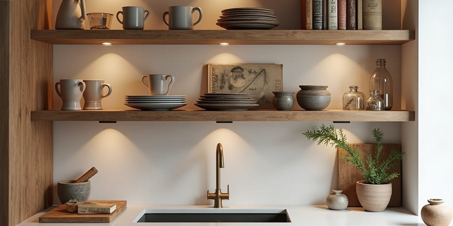 Puck kitchen LED lighting floating shelf