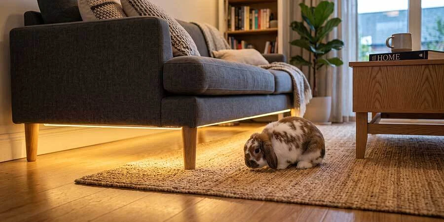 Rabbit pet next to undersofa LED warm lighting