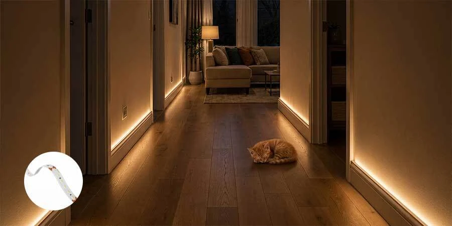 Kitten sleeping in corridor iluminated by dim warm LED strip light