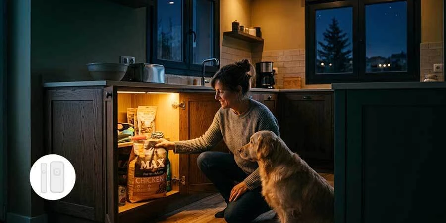 Automatic pantry warm white LED lighting with door sensor