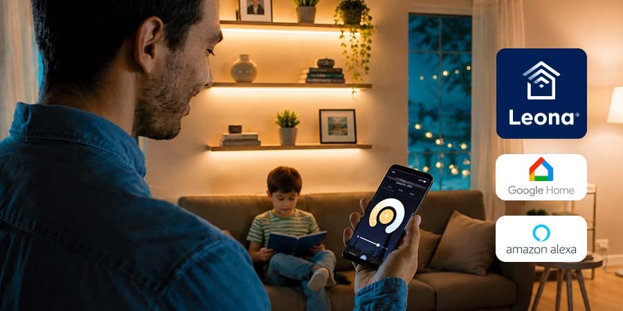Person Using the Flexfire Leona App Interface to Control Living Room Lights 