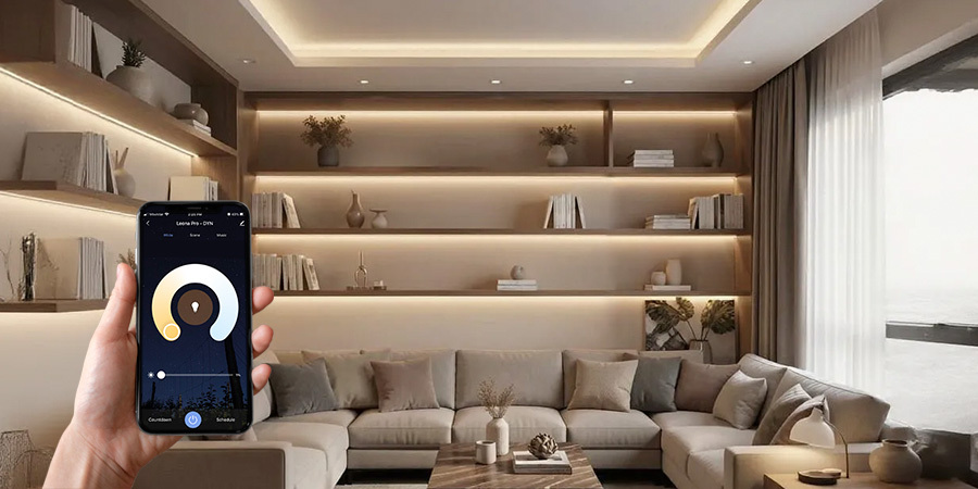 Smartphone app controlling tunable white LED lighting in living room image