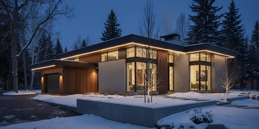 Modern home in winter with warm accents and linear LED strip lighting outlining the roof