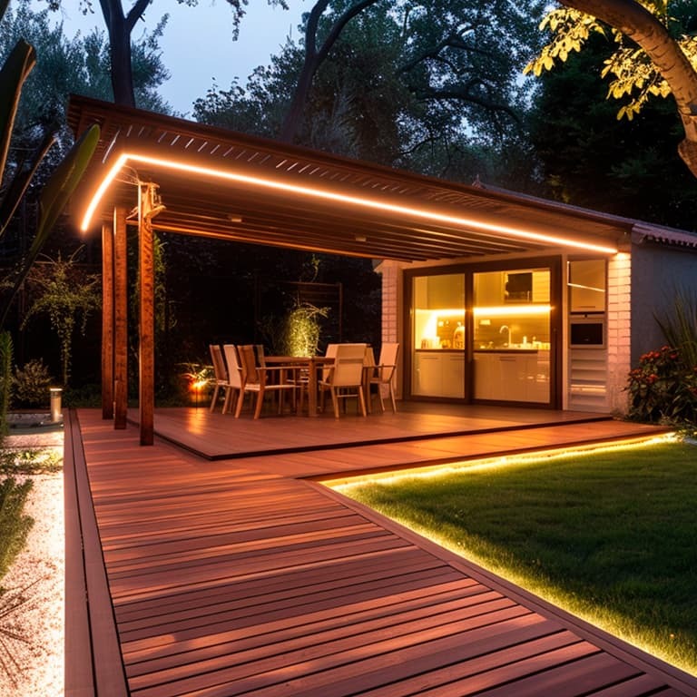 Outdoor dining deck illuminated by commercial outdoor LED lighting