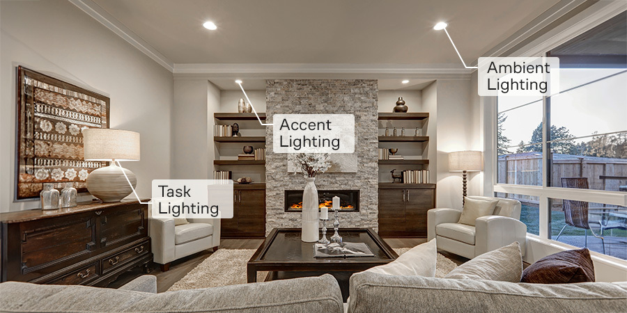 Layered ambient, task, and accent LED lighting in living room