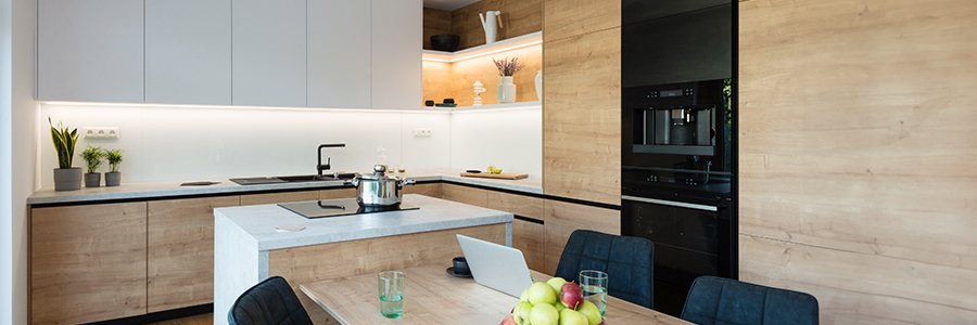 Modern kitchen with LED lights under and inside cabinets
