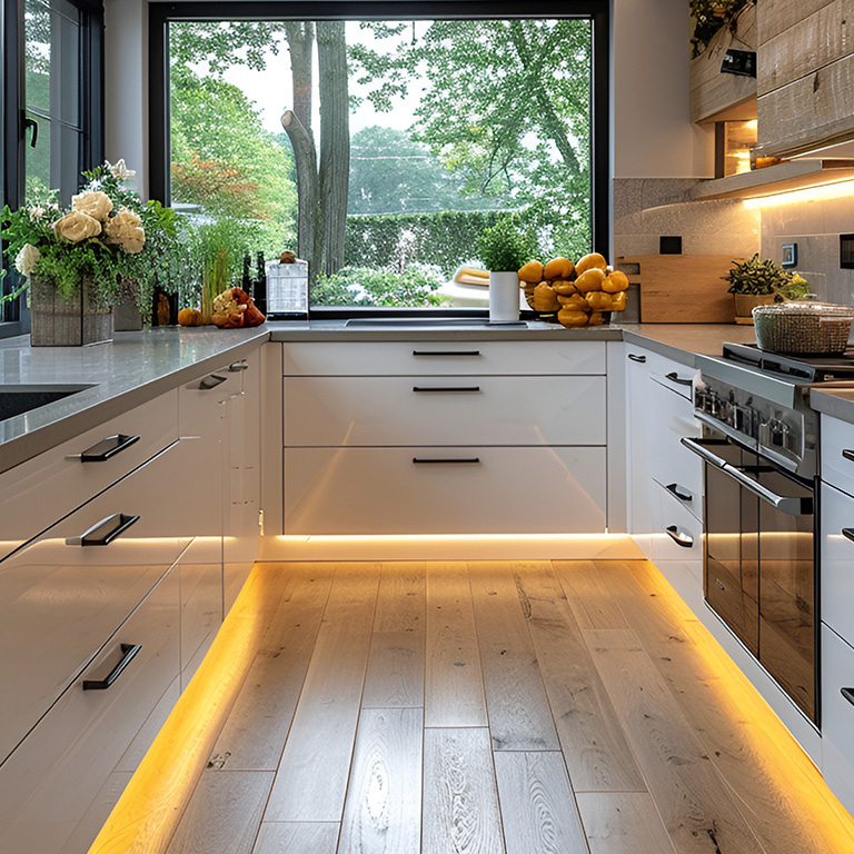 Bright modern kitchen with white cabinets and warm LED lighting under counters and toekick area