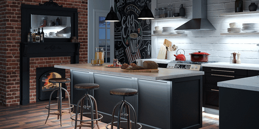 Cozy industrial-style kitchen with warm under-cabinet and island lighting.