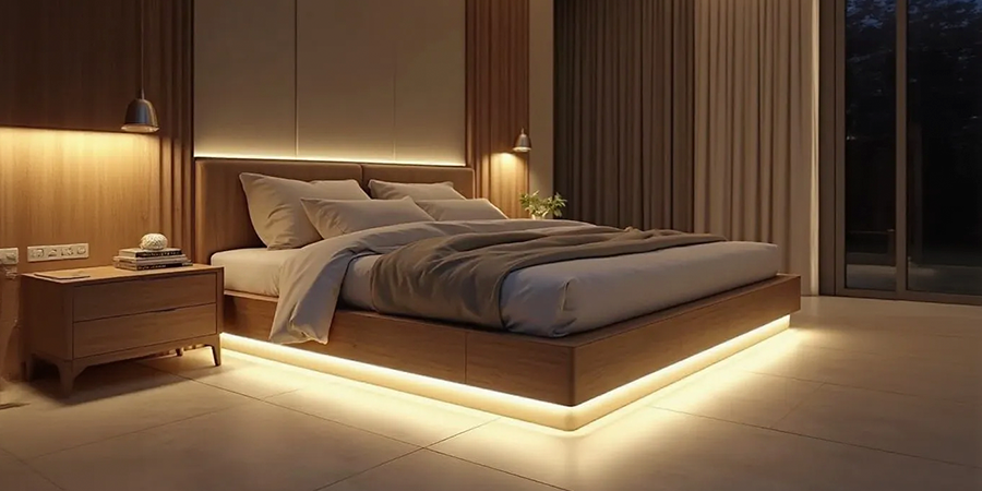 A modern bedroom illuminated with soft white LED strip lighting on the headboard and below the bed