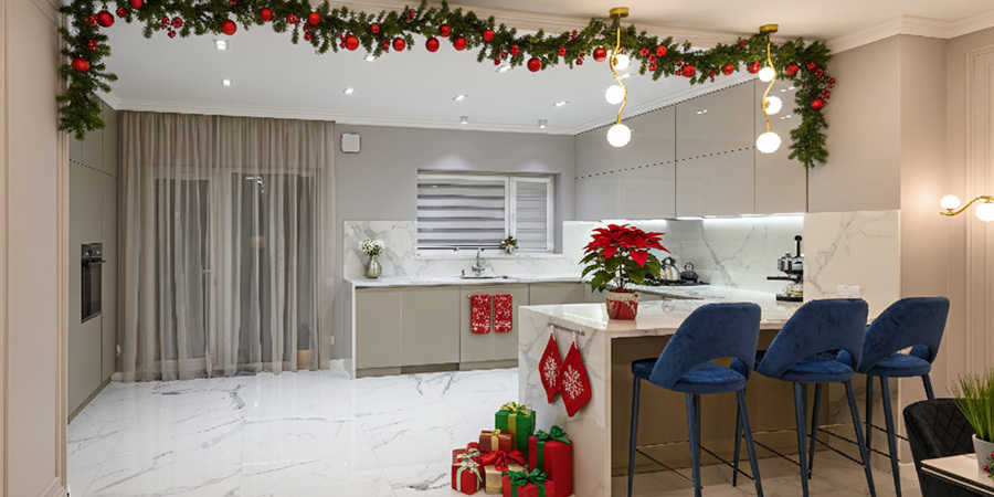 Kitchen with holiday decoration and LED lighting