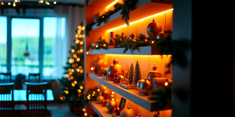Christmas decorations illuminated by warm LED strip light under the shelves
