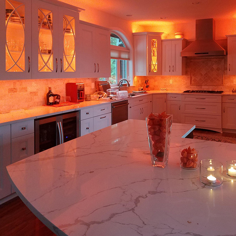 Amber LED lighting in kitchen