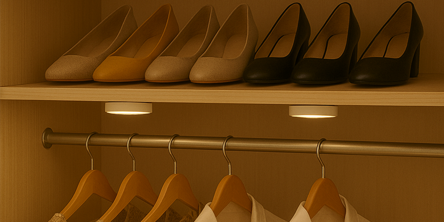Victory Select LED puck light illuminating closet interior shelves