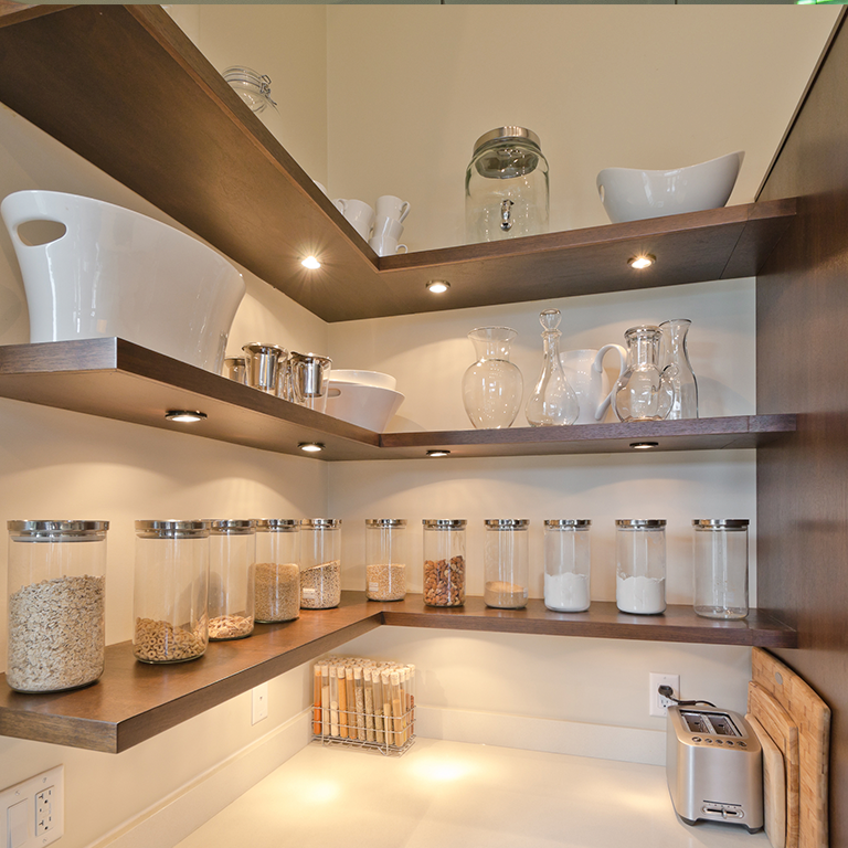 Victory Select LED puck lights under pantry shelves for kitchen shelf lighting