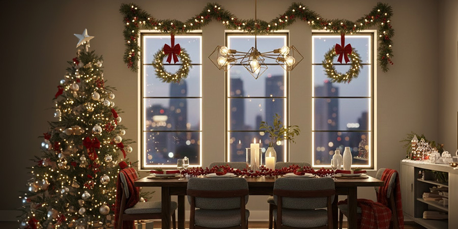 Window perimeter LED decoration in dining room