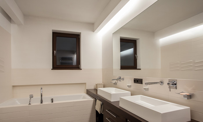 double sink vanity with LED strip lights