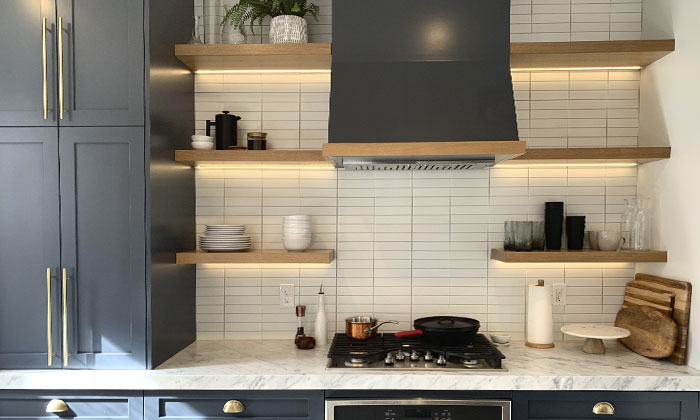 Kitchen shelving lighting example with LED strip lights