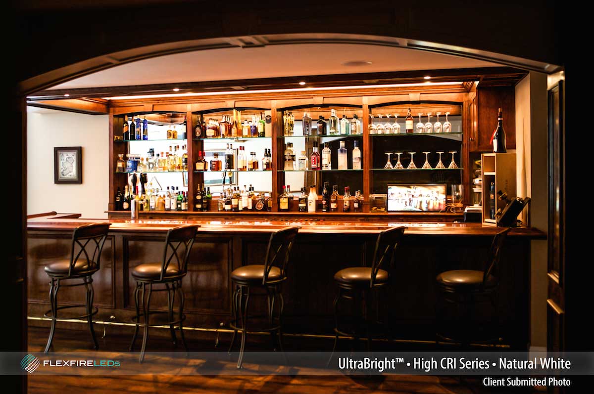 beautiful wooden hotel bar design with high CRI lights