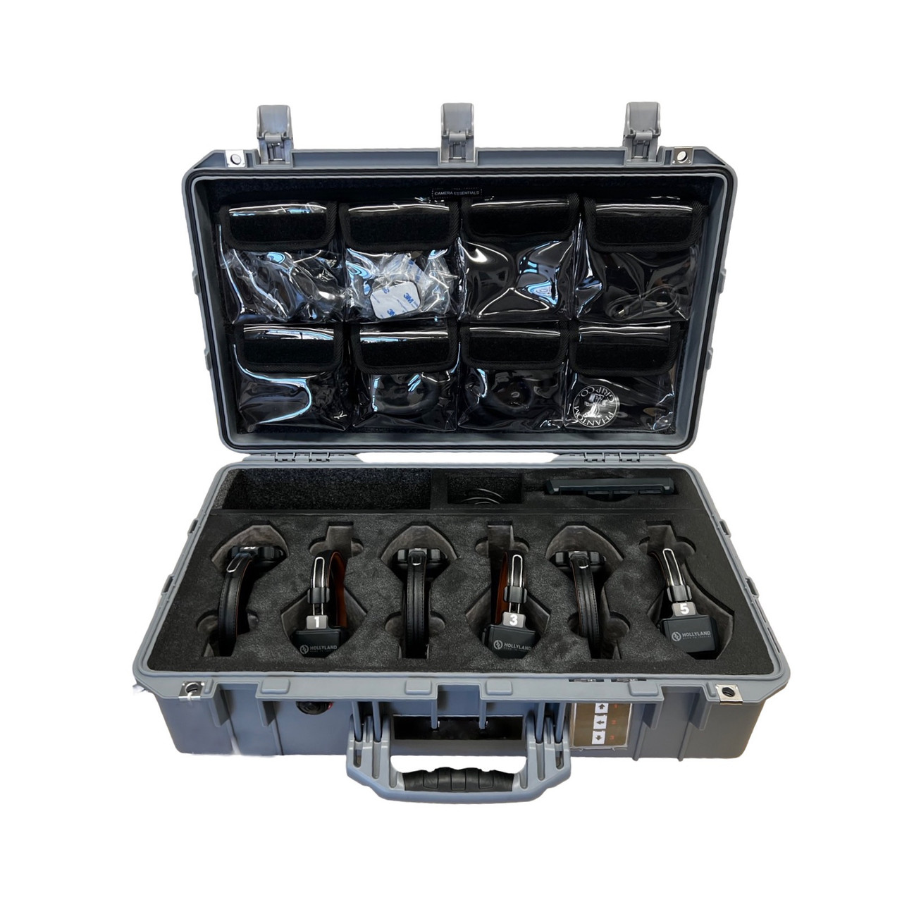 6 headphones, 1 battery and charger in Pelican 1555