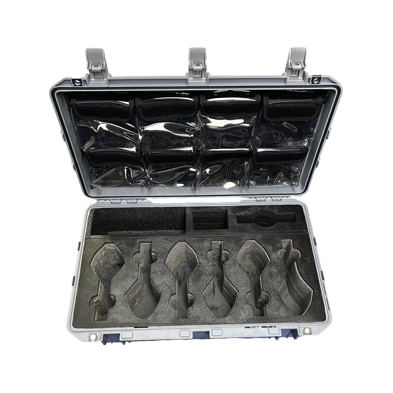 6 headphones, 1 battery and charger in Pelican 1555