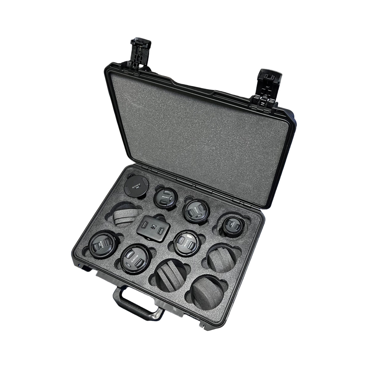 Sony G-Master 14mm T1.8 Sony FE 20mm f1.8 G Lens Sony G-Master 24mm T1.4 Sony FE 28 f2 Lens Sony G-Master 35mm T1.4 Sony G-Master 50mm T1.4 Sony G-Master 85mm T1.4  (8 hole vertical) in IM2600 Pelican Case